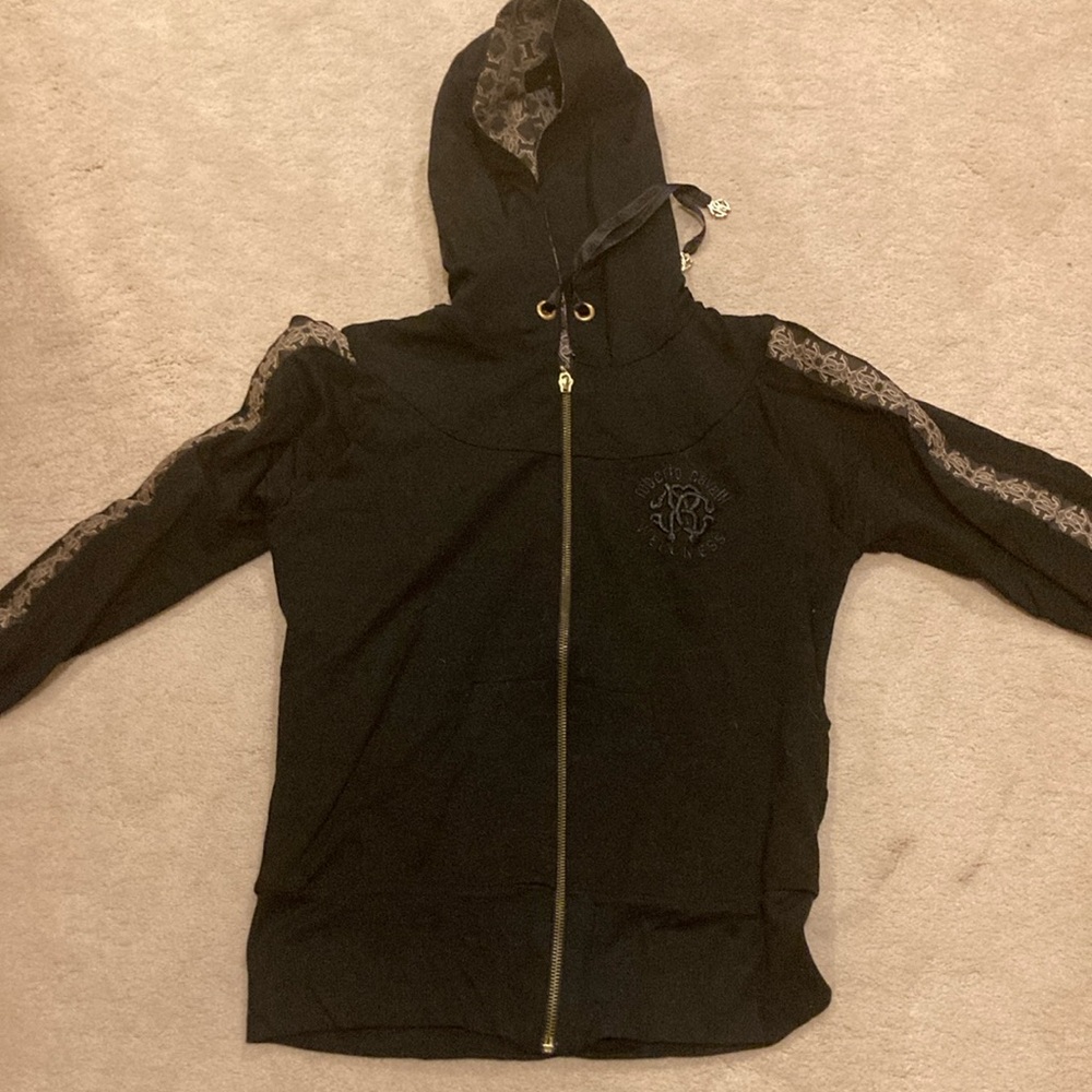 Black Roberto Cavalli Medium  Hooded Jacket with Lace Accents